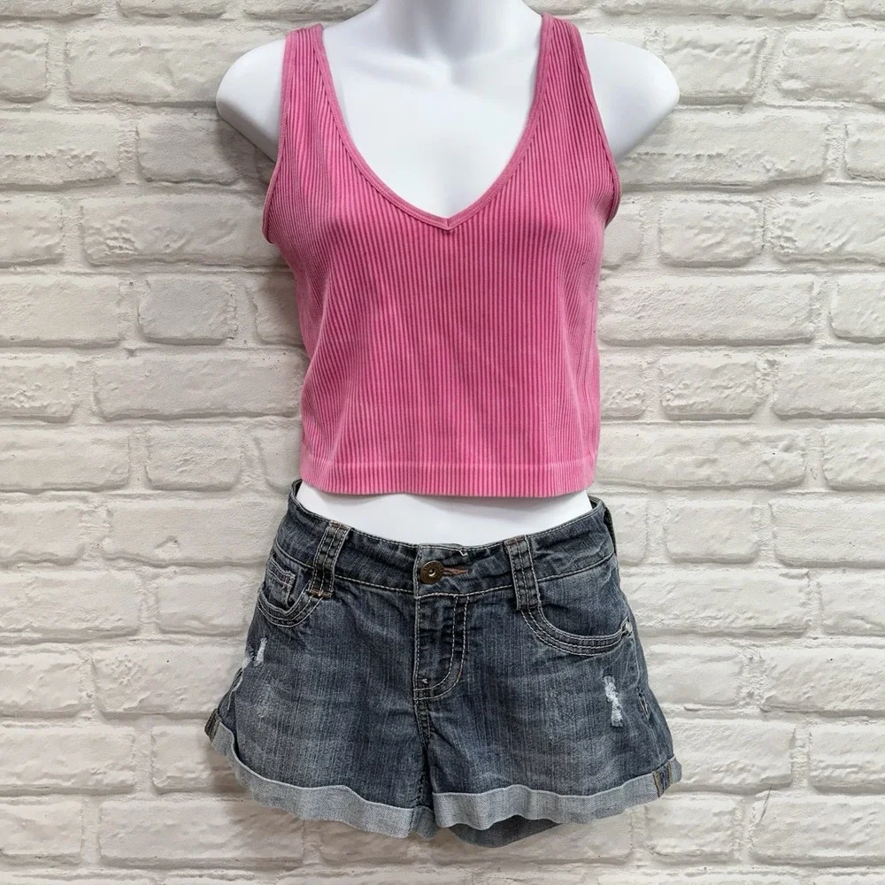 Wallflower Distressed Denim Jean Short Shorts 9 Medium Wash Blue Jean Cuffed Y2K
